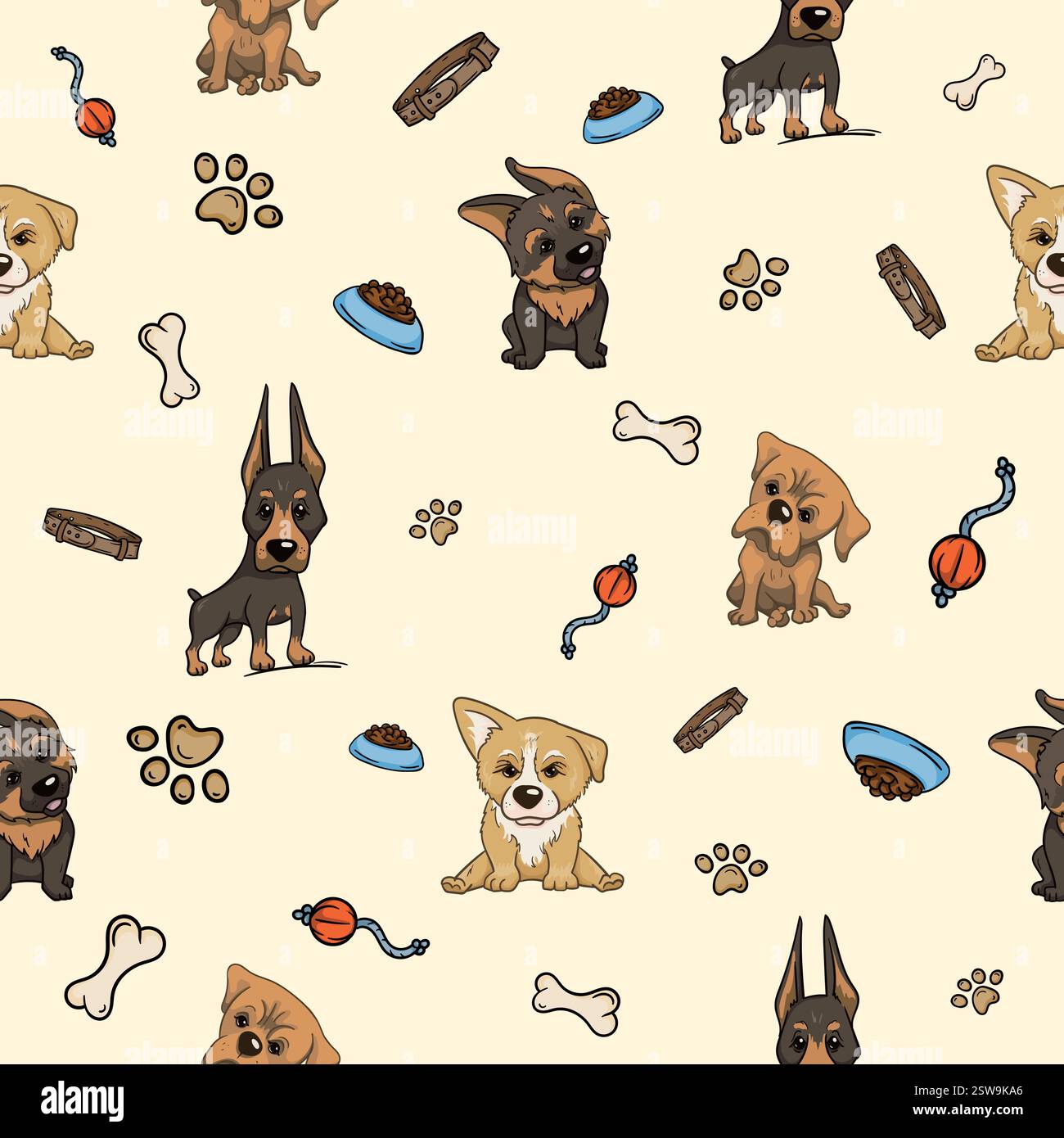 Nahtloses Muster mit Welpen verschiedener Rassen und Hundezubehör. Vektor-Illustration für Geschenkpapier, Geschenk Stock Vektor