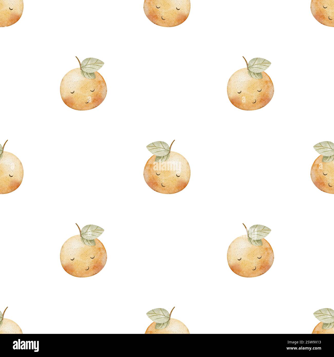 Aquarellmuster Mandarine, Orange, Mandarine, lustige Früchte, süße Augen. Nahtloser Sommerdruck. Handgezeichnete Illustrationen auf weißem Hintergrund für Stockfoto