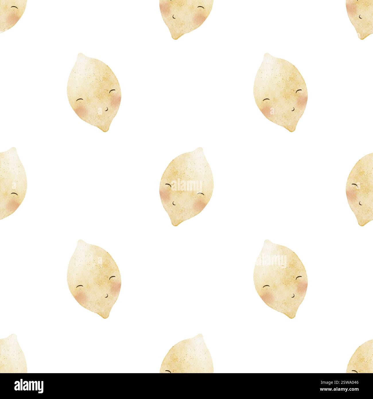 Lustige Zitronen-Früchte mit Aquarellmuster und süßen Augen. Nahtloser Sommerdruck. Handgezeichnete Illustrationen auf weißem Hintergrund für Design-Kinder Stockfoto