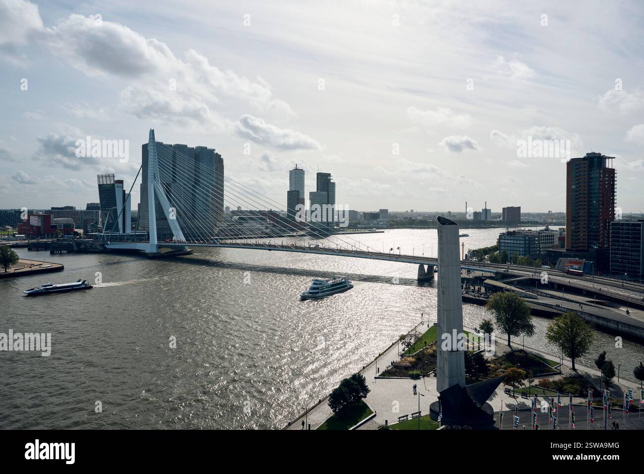 Blick auf den Fluss Nieuwe Maas und die Erasmus-Brücke in Rotterdam, Niederlande. Stockfoto