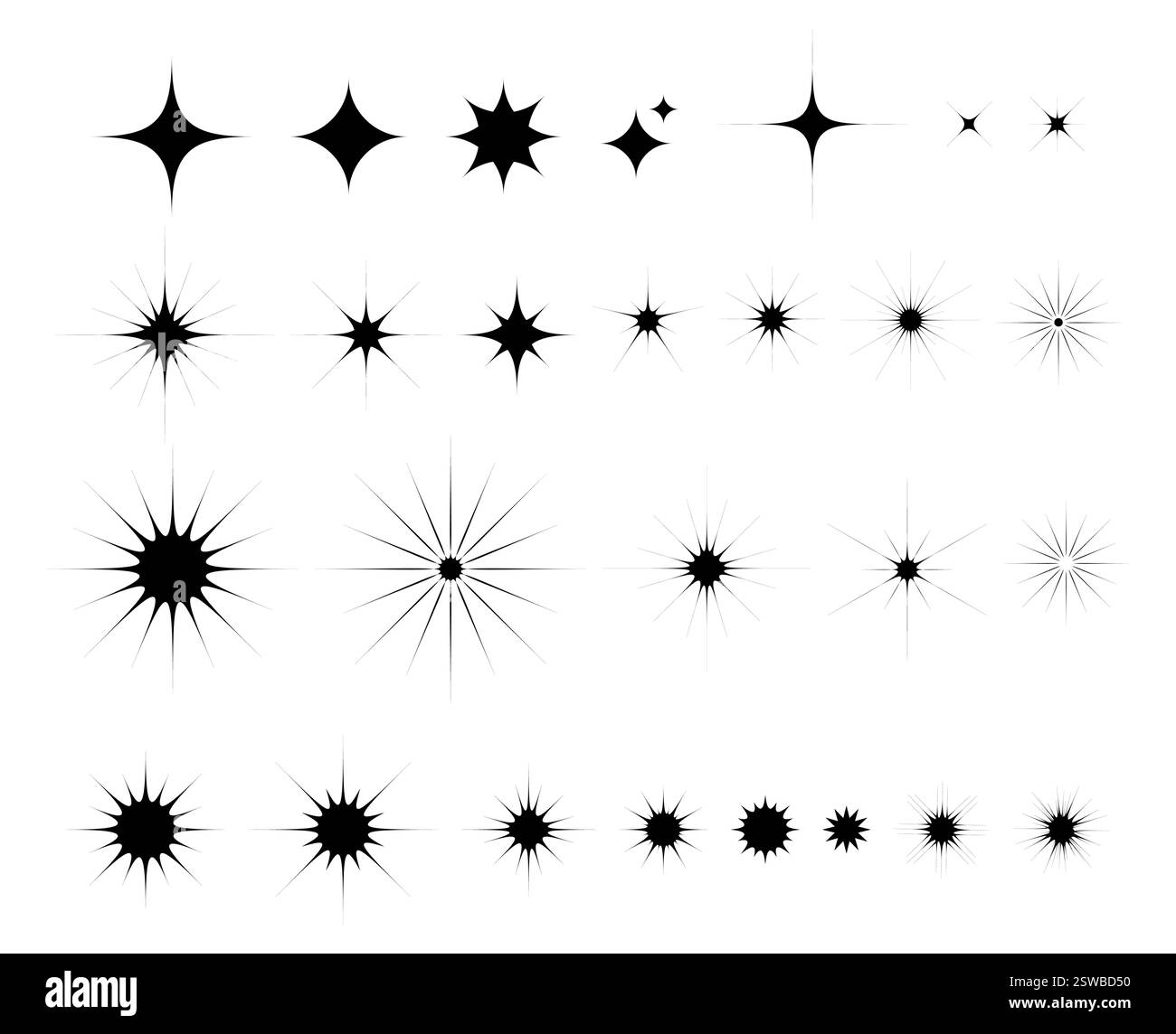 Sternsymbole, funkelnde Sterne. Funkelnde, strahlende Explosion. Set Collection, Vektorsymbole mit schwarzer Strahlung isoliert auf weißem Hintergrund Stock Vektor