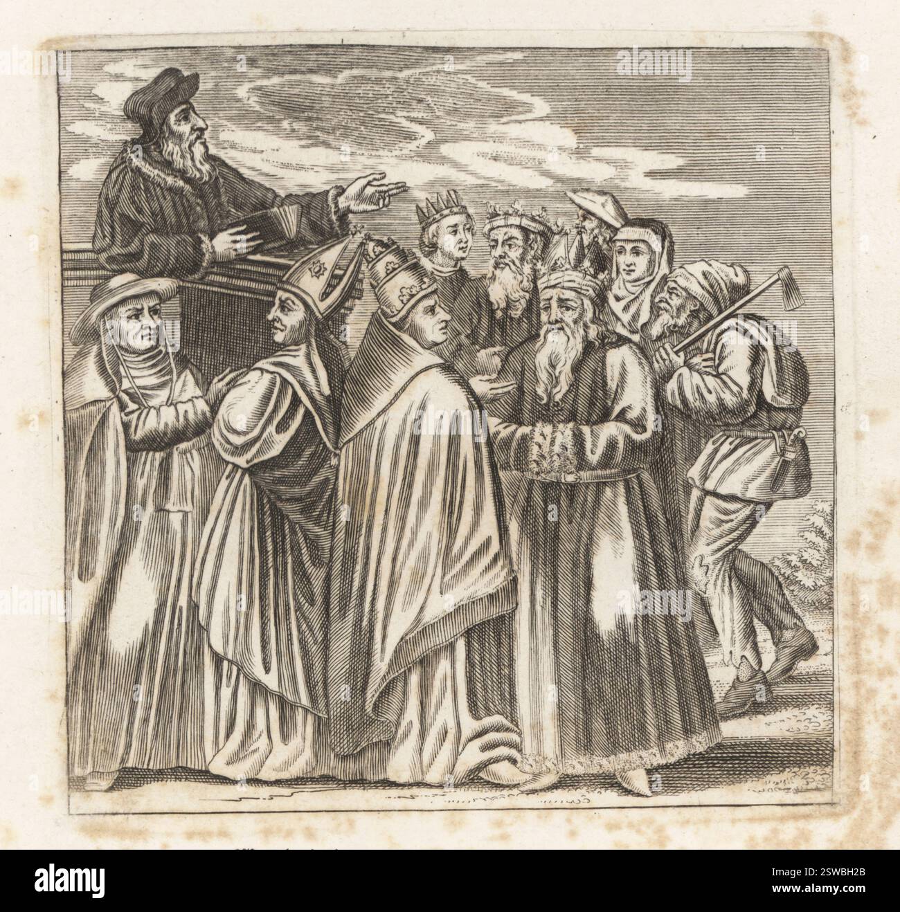 Prediger, der eine Predigt vor einer Audienz hält, einschließlich König und Königin, Kaiser und Papst. Kupferstich von Jacques-Antony Chovin nach einer Illustration von Matthaus Merian aus Todtentanz der Stadt Basel: Der Tanz des Todes in Basel, La Danse des Morts a Bale, Basel, Schweiz, 1744. Stockfoto