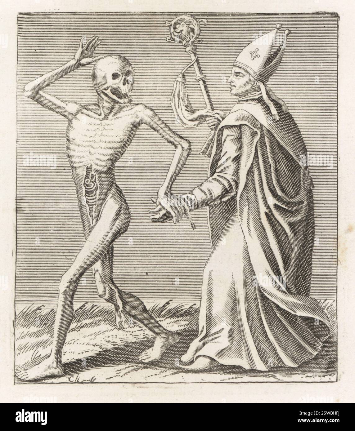 Leiche des Todes mit dem Bischof. Ein Leichnam mit freigelegten Eingeweiden greift einen Bischof an der Hand. Der Bischof in Mitra, Cope und Cassock hält einen crozier. Kupferstich von Jacques-Antony Chovin nach einer Illustration von Matthaus Merian aus Todtentanz der Stadt Basel: Der Tanz des Todes in Basel, La Danse des Morts a Bale, Basel, Schweiz, 1744. Stockfoto