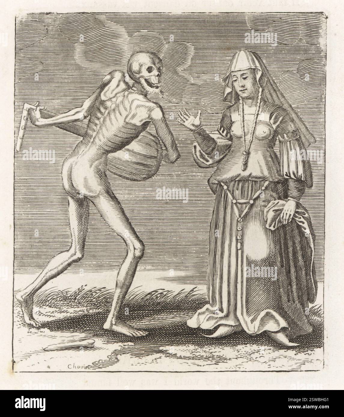 Leiche des Todes mit der Herzogin. Eine Skelettfigur spielt eine Laute, um eine edle Frau in Schleier, Gewand und Gürtel zu verführen. Kupferstich von Jacques-Antony Chovin nach einer Illustration von Matthaus Merian aus Todtentanz der Stadt Basel: Der Tanz des Todes in Basel, La Danse des Morts a Bale, Basel, Schweiz, 1744. Stockfoto
