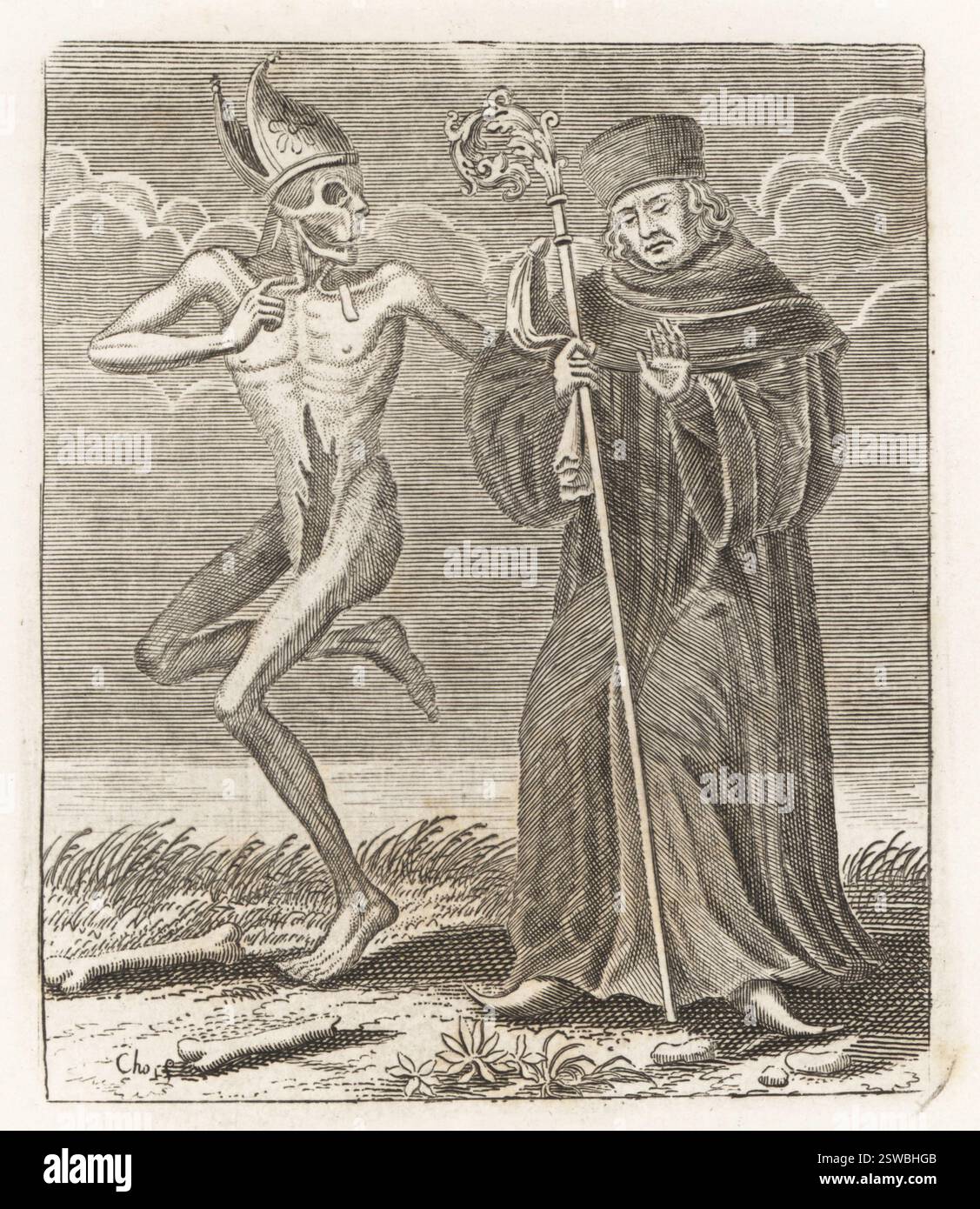 Leiche des Todes mit dem Abt. Skelettfigur in Gehrung mit freiliegenden Eingeweiden, die den Kleriker ergreift. Der Abt mit Hut, die Cassocke hält einen crozier. Kupferstich von Jacques-Antony Chovin nach einer Illustration von Matthaus Merian aus Todtentanz der Stadt Basel: Der Tanz des Todes in Basel, La Danse des Morts a Bale, Basel, Schweiz, 1744. Stockfoto