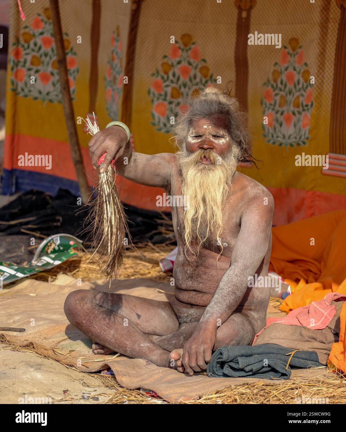 Naga Sadhu wartet während des Maha Kumbh Mela Festivals in Prayagraj, Indien auf Gläubige in ihrem Zelt. Stockfoto