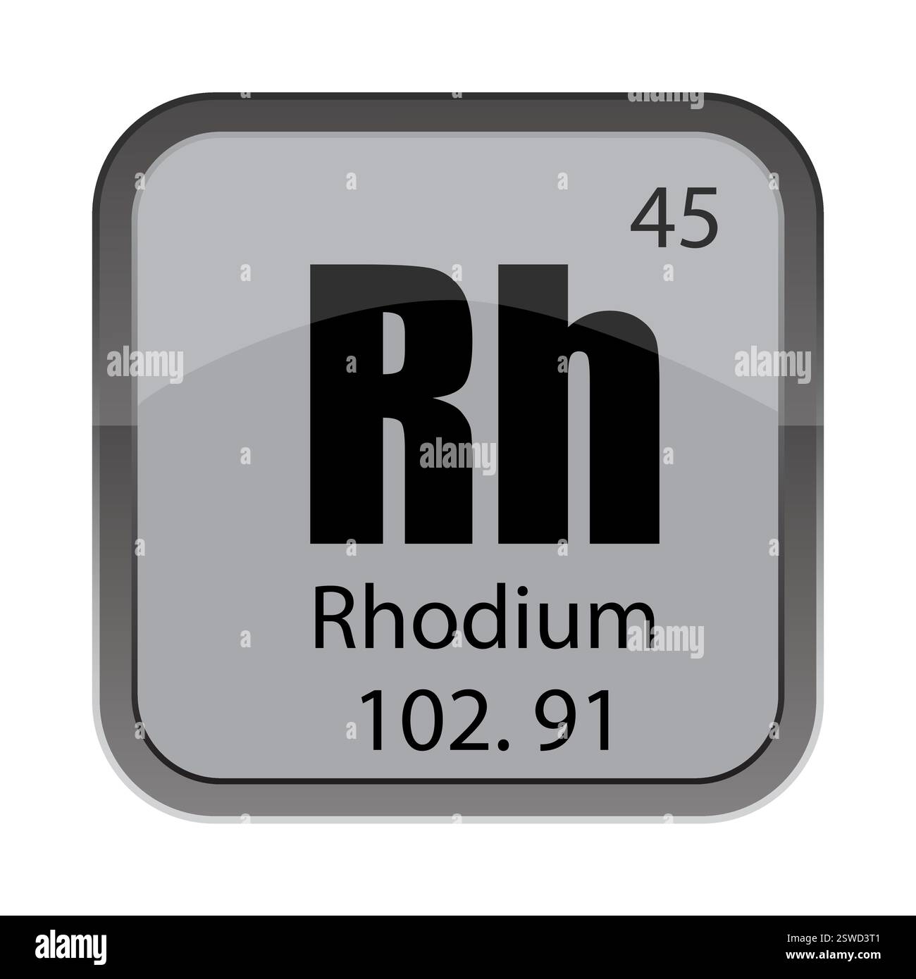 Rhodium-Elementzeichen. Symbol für das Periodensystem. Chemikaliennummer 45. Metallisches Vektorsymbol. Stock Vektor