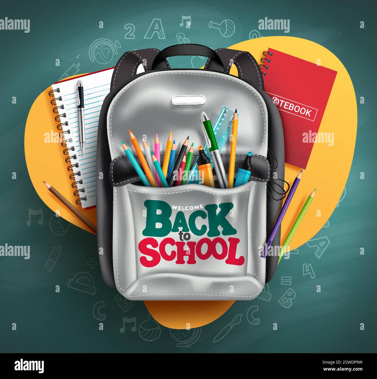 Back to School Vector Concept Design. Willkommen zurück in der Schule Text in Rucksack Tasche Elemente mit lehrreichen Artikeln und Muster für das Bildungsstudium Stock Vektor