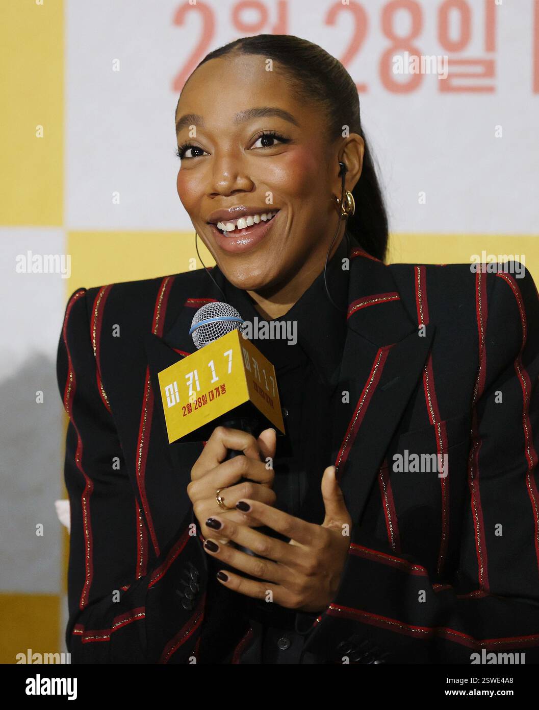 Februar 2025. Die britische Schauspielerin Naomi Ackie die britische Schauspielerin Naomi Ackie, die in dem neuen Film Mickey 17 spielt, spricht während einer Werbeveranstaltung in Seoul am 20. Februar 2025, um den Film zu promoten, der am 28. Februar in Südkorea auf lokale Bildschirme kommen wird. Quelle: Yonhap/Newcom/Alamy Live News Stockfoto