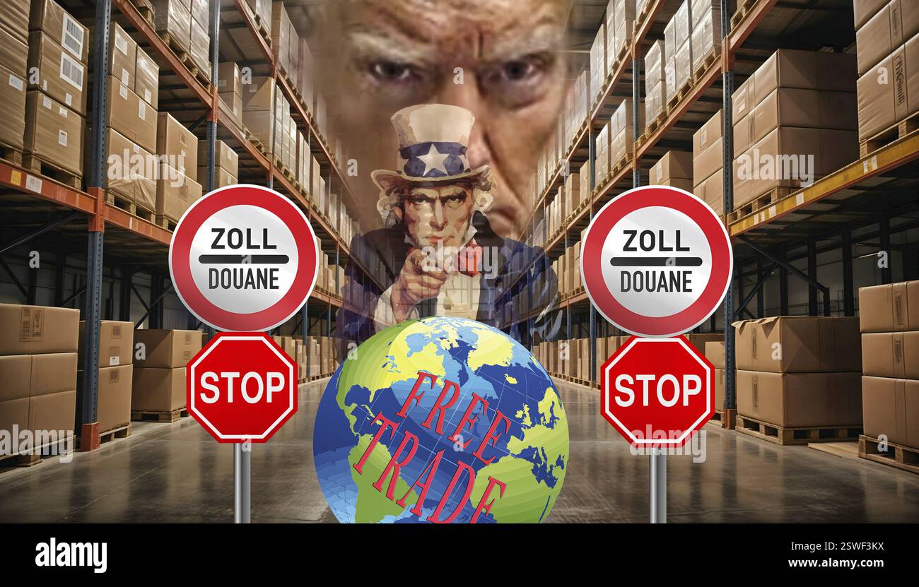 Symbolisches Image, EU, Deutschland und Weltwirtschaft unter Druck von USA-Donald Trump, Zolldrohungen, Elon Musk, Mark Zuckerberg, soziale Netzwerke, gefälscht Stockfoto