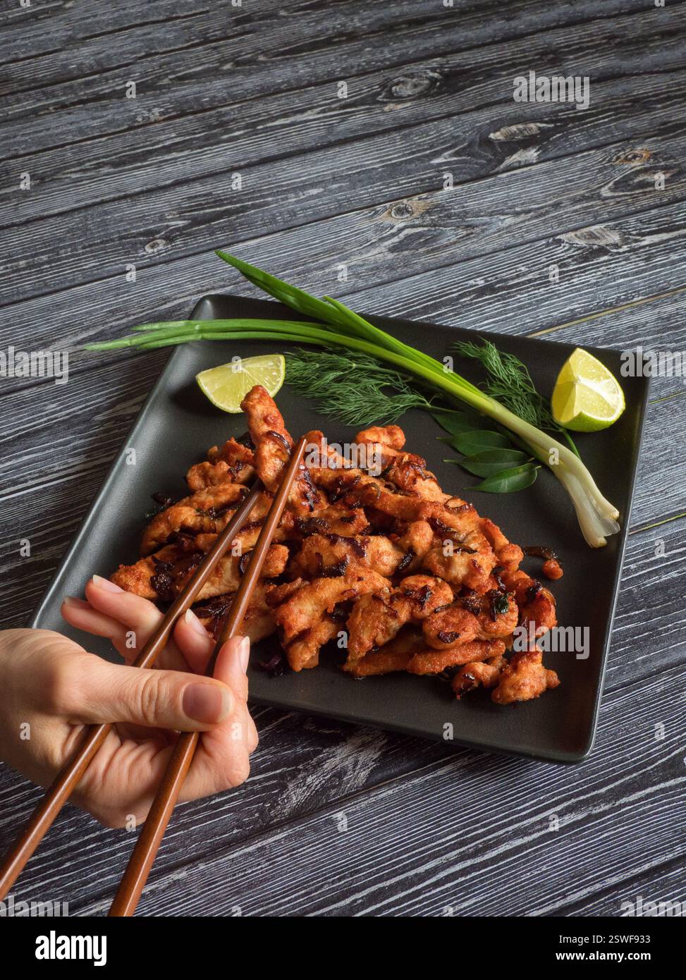 Indisches Essen. Scharfe Hähnchenbraten mit Basmatireis. Südindisches Gericht. Stockfoto Indisches Essen. Scharfe Hähnchenbraten mit Basmatireis. Südindisches Gericht. Stockfoto