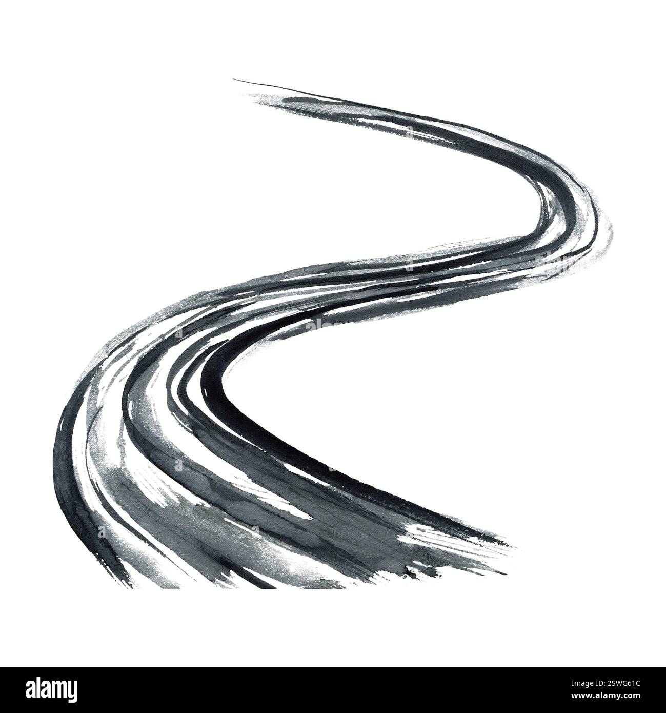 Eine gewundene abstrakte Straße, die in die Ferne geht. Schwarzer Aquarellfleck. Strukturierter Pinselstrich. Abbildung vom Hintergrund isoliert. Design Stockfoto