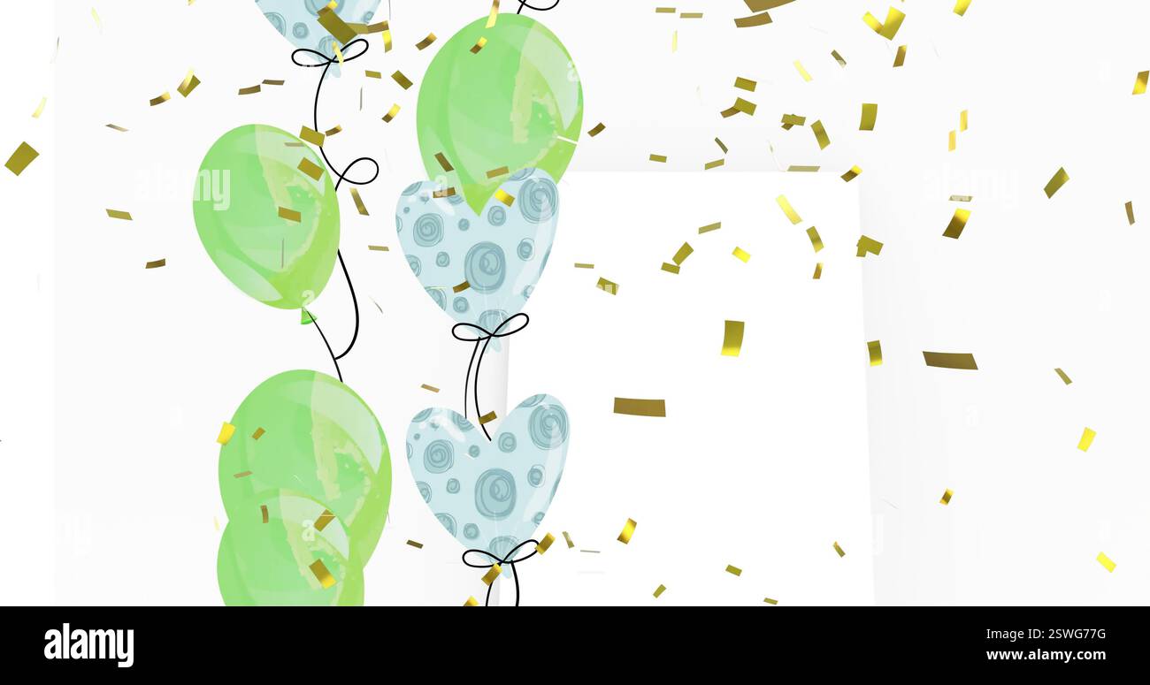 Bild von goldenem Konfetti, das mit grünen und blauen Partyballons über weißem Rechteck auf Grau fällt Stockfoto