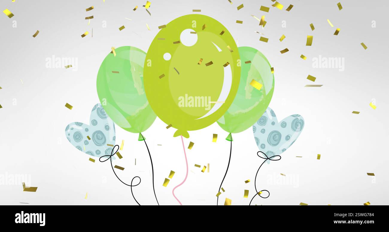 Bild von goldenem Konfetti, das über grün-blau gemusterte Partyballons auf grauem Hintergrund fällt Stockfoto