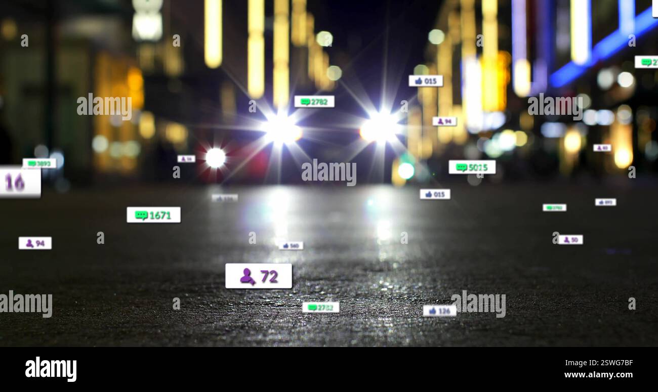 Bild von Social-Media-Ikonen mit Zahlen über Autos auf der Straße Stockfoto