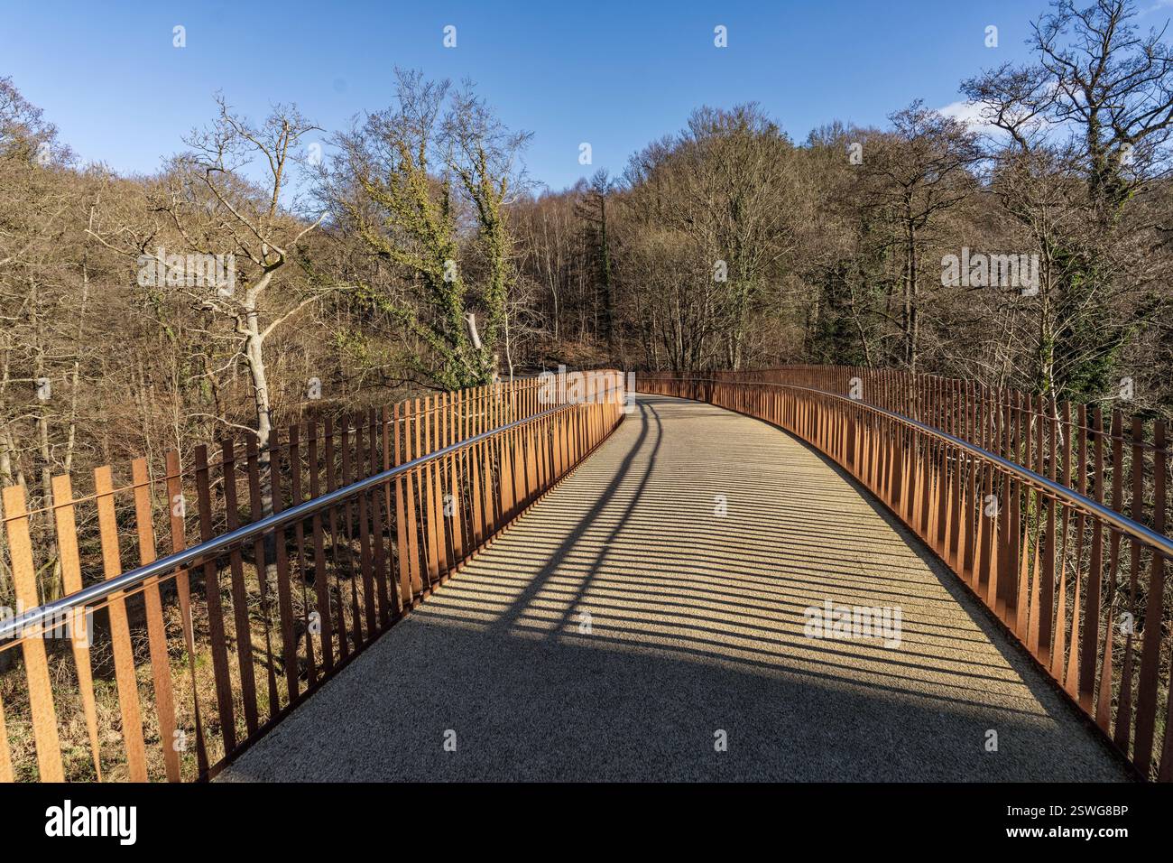Eine erhöhte Fußgängerbrücke mit rostfarbener Struktur, die an einem sonnigen Nachmittag über einem bewaldeten Gebiet überquert. Stockfoto