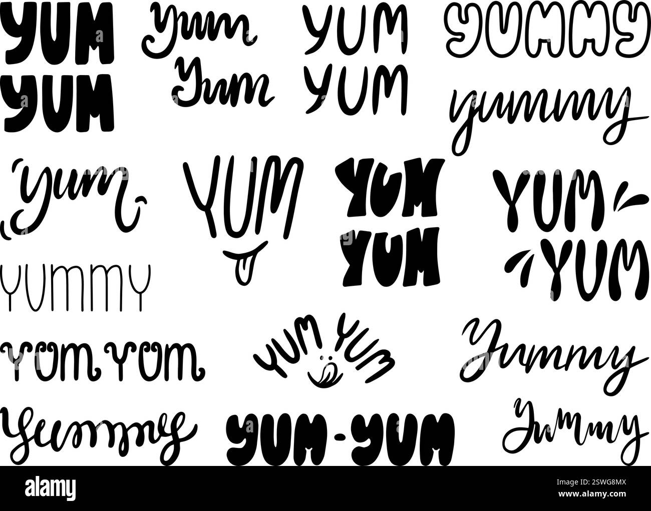 Yum Yum Yum Schriftzug. Handgezeichneter Text mit schwarzem Yum-Geschmack. Doodle leckere Wörter und Beschriftung für leckere Lebensmittel Banner, Aufkleber Design, neoterischen Vektor Stock Vektor