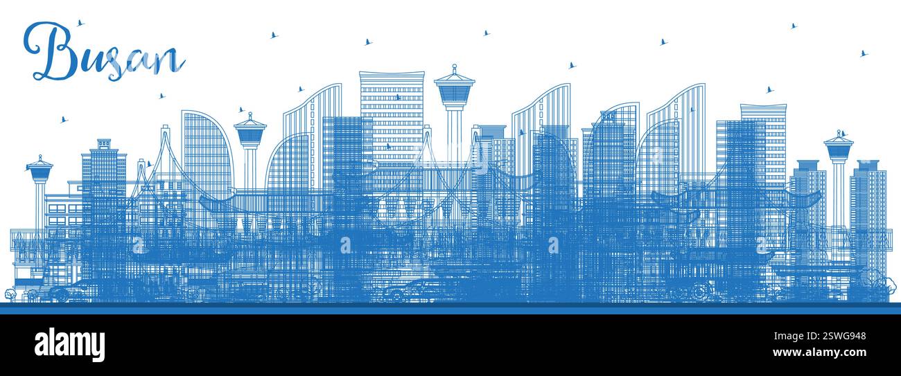 Skizzieren Sie Busan Südkorea City Skyline mit blauen Gebäuden. Vektorgrafik. Stock Vektor