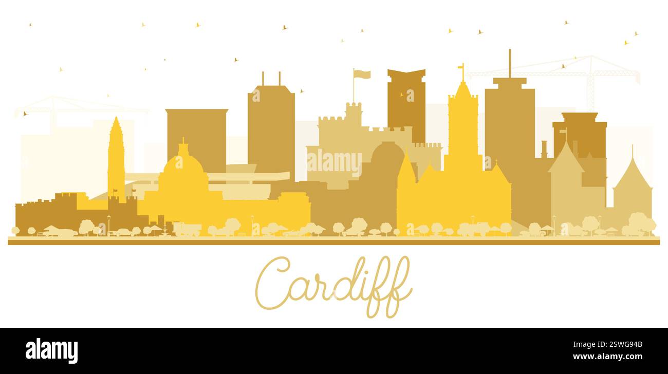 Cardiff Wales City Skyline Silhouette mit goldenen Gebäuden isoliert auf weiß. Vektorabbildung. Cardiff UK Stadtlandschaft mit Wahrzeichen. Stock Vektor