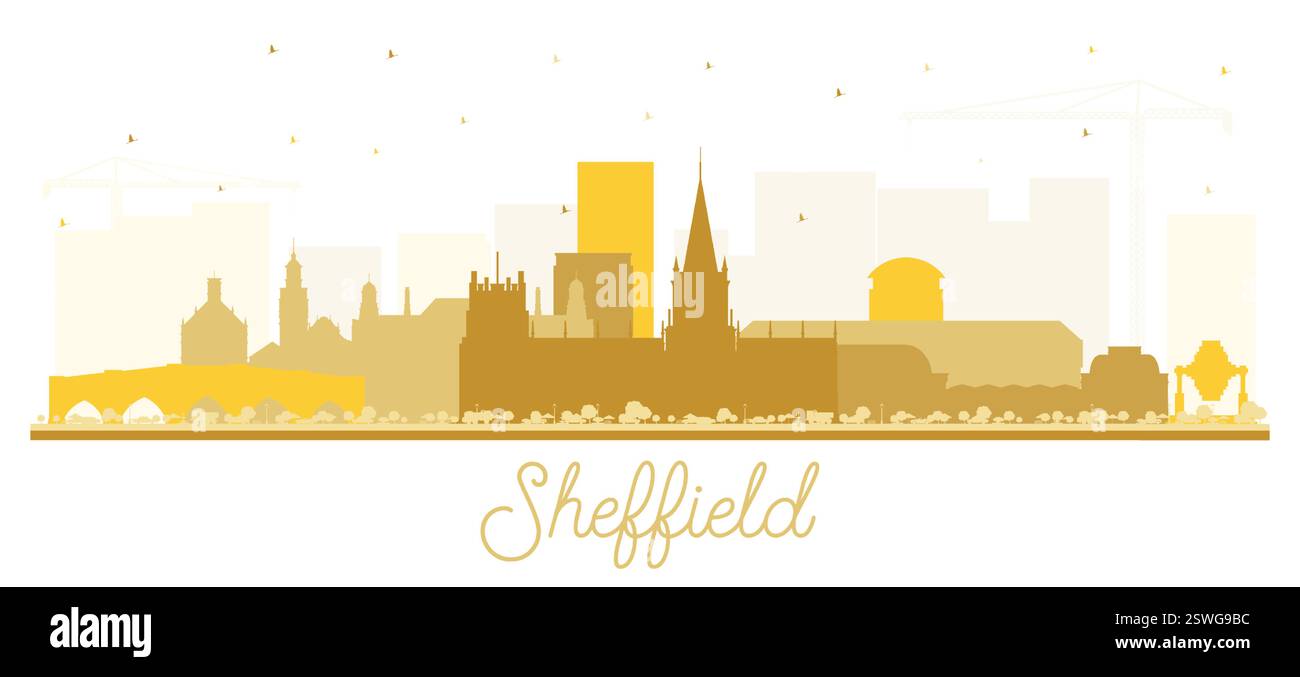 Sheffield UK City Skyline Silhouette mit goldenen Gebäuden isoliert auf weiß. Vektorabbildung. Sheffield South Yorkshire Stadtlandschaft mit Wahrzeichen. Stock Vektor