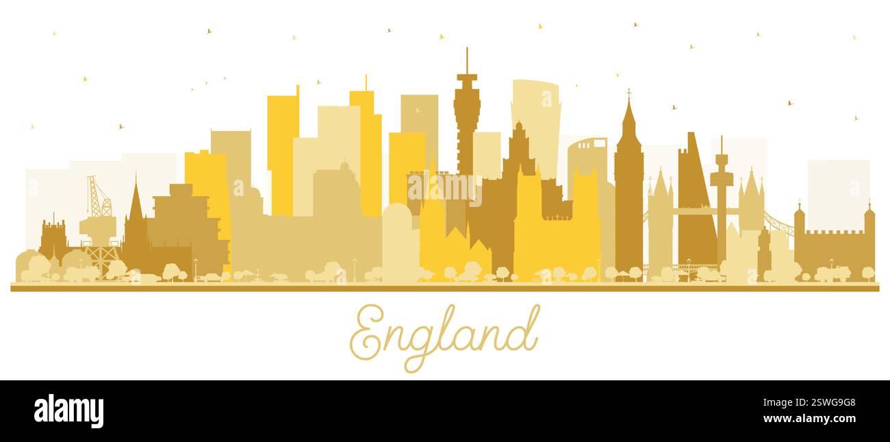 Silhouette der Skyline von England City mit goldenen Gebäuden auf weiß. Vektorabbildung. Konzept mit historischer Architektur. Englands Stadtbild. Stock Vektor