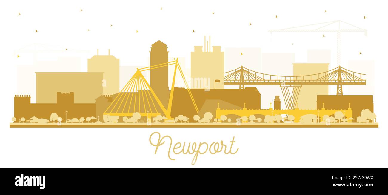 Skyline Silhouette von Newport Wales City mit goldenen Gebäuden isoliert auf weiß. Vektorabbildung. Newport UK Stadtlandschaft mit Wahrzeichen. Stock Vektor