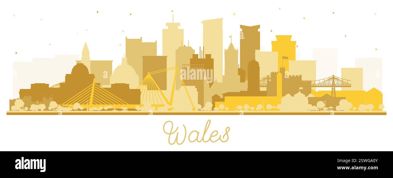 Silhouette der Skyline von Wales City mit goldenen Gebäuden auf weiß. Vektorabbildung. Konzept mit historischer Architektur. Walisisches Stadtbild. Stock Vektor