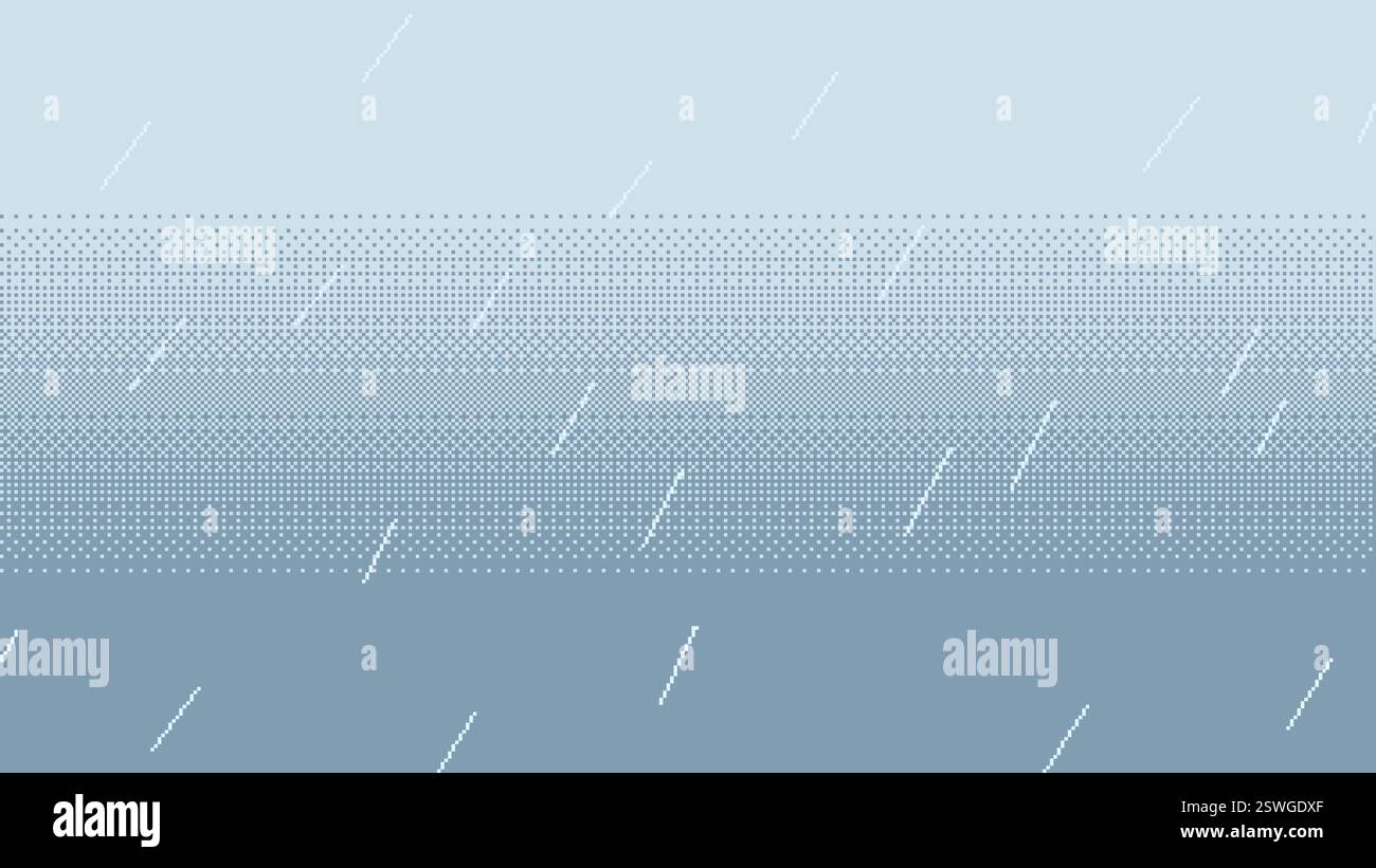 Pixelbild Regen fällt auf blauen Hintergrund. Regen tropft fallende Kulisse, Retro-Videospiel-Stil Vektor-Illustration Stock Vektor