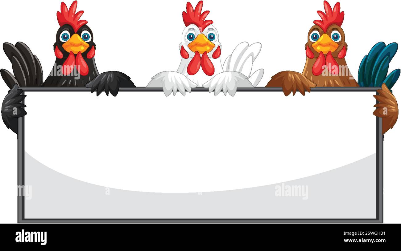 Drei Hühner mit einem leeren rechteckigen Schild Stock Vektor