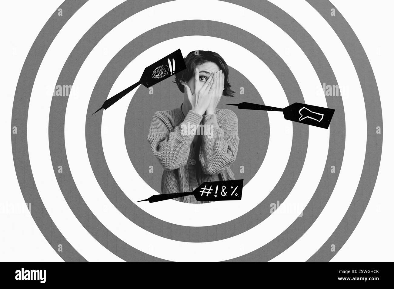 Foto 3D Collage Poster Postkartenbild einer verärgerten unzufriedenen Dame leidende Follower Kommentare eigener Blog isoliert auf Hintergrund zeichnen Stockfoto