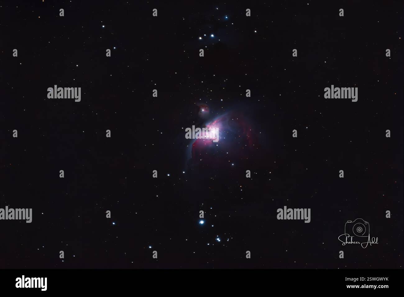 Orion Nebula leuchtet durch eine 600-mm-Objektivansicht Stockfoto