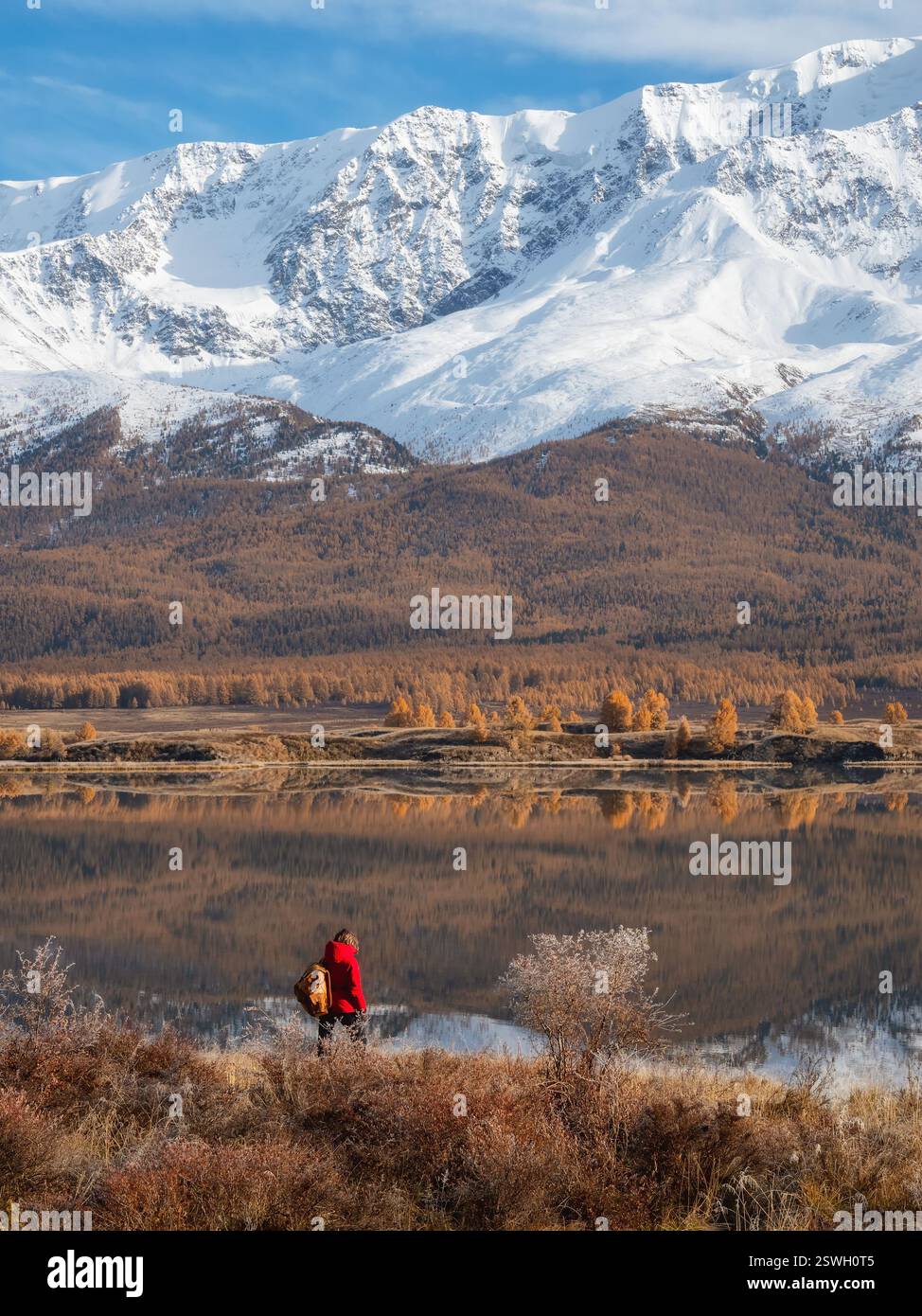 Reisende in einem Rot, der im Herbst auf den Bergsee blickt Stockfoto