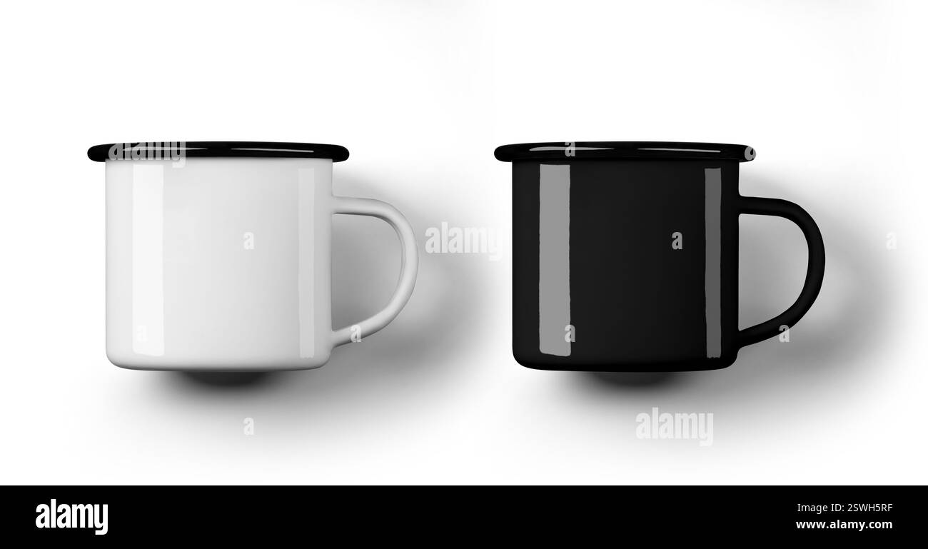 Modell aus weißem, schwarz emailliertem Becher für Tourismus, Eisentasse mit schwarzem Rand, Griff, für Design, Muster, Branding. Set mit Schüsseln für Werbung. Vorlage Stockfoto