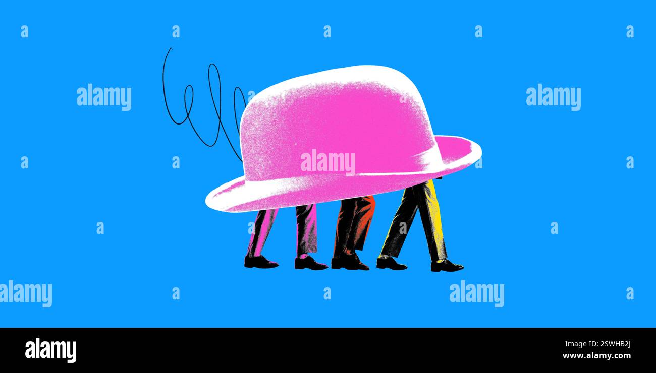 Rosafarbene übergroße Mütze für vier Personen, die synchron laufen, symbolisiert kollektive Vision und gemeinsame Verantwortung in der Teamarbeit. Stockfoto