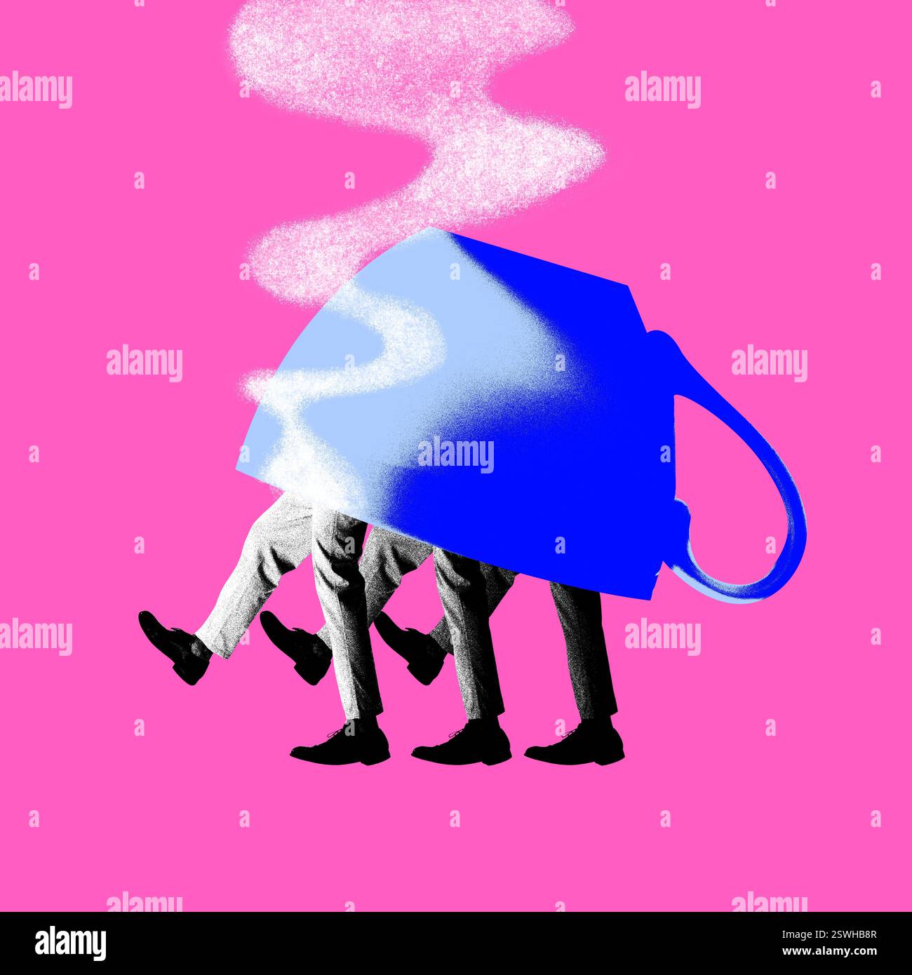 Blaue Teetasse mit synchronisierten Laufbeinen, visualisiert energetische Teamarbeit und gemeinsame Ideen. Gemeinsame Richtung und Vision Stockfoto