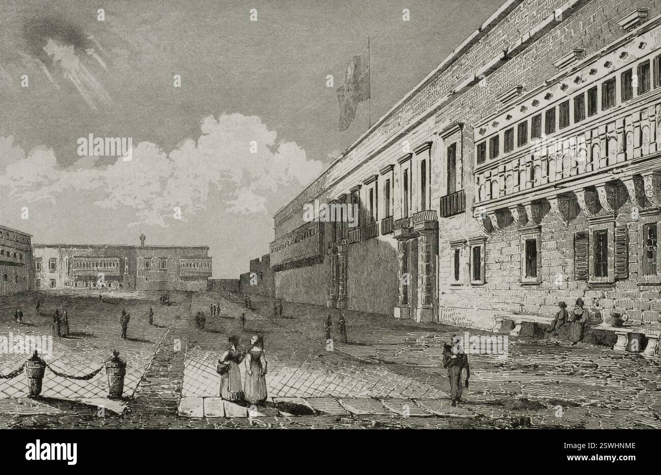 Valletta, Malta. Großmeisterpalast. Erbaut zwischen dem 16. Und 18. Jahrhundert, war es die Residenz des Großmeisters des Johannisordens. Blick auf die Hauptfassade des Gebäudes. Gravur. LeMaitre direxit. Geschichte von Malta und Gozo, von Frédéric Lacroix. Panorama Universal, spanische Ausgabe, gedruckt in Barcelona, 1850. Stockfoto