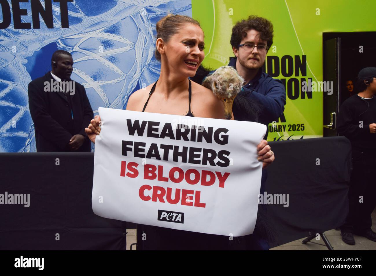 London, Großbritannien. Februar 2025. Eine PETA-Aktivistin, die als Strauß verkleidet ist, lässt ihre Federn vor der London Fashion Week NEWGEN Show Space on the Strand „heftig zupfen“. Die Aktion ist Teil der laufenden PETA-Kampagne gegen den Einsatz von Federn in der Mode. Quelle: Vuk Valcic/Alamy Live News Stockfoto