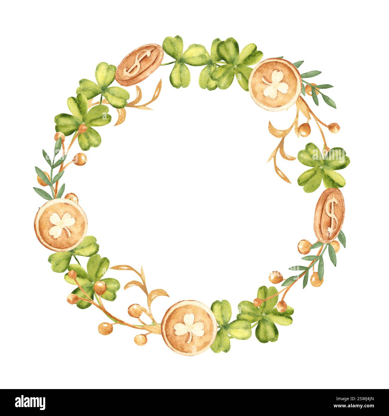 Klee, goldene Münzen und Zweigkranz, runder Rahmen, Grenze. Aquarell handgezeichnete Shamrock Illustration isoliert auf weißem Hintergrund. Symbol von Stockfoto