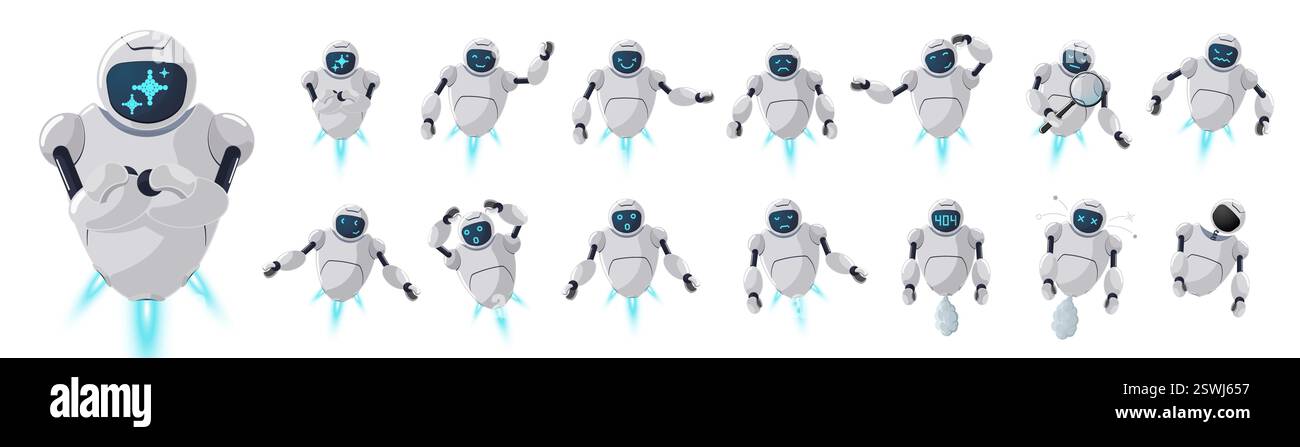Niedliches KI-Roboter-Charakterset mit freundlichen Ausdrücken. Futuristisches 3D-Chatbot-Maskottchen für digitale Assistenten, Automatisierungs- oder Technologieanwendungen. Chatbot für Online-Technik oder virtuelle Kommunikation Stock Vektor