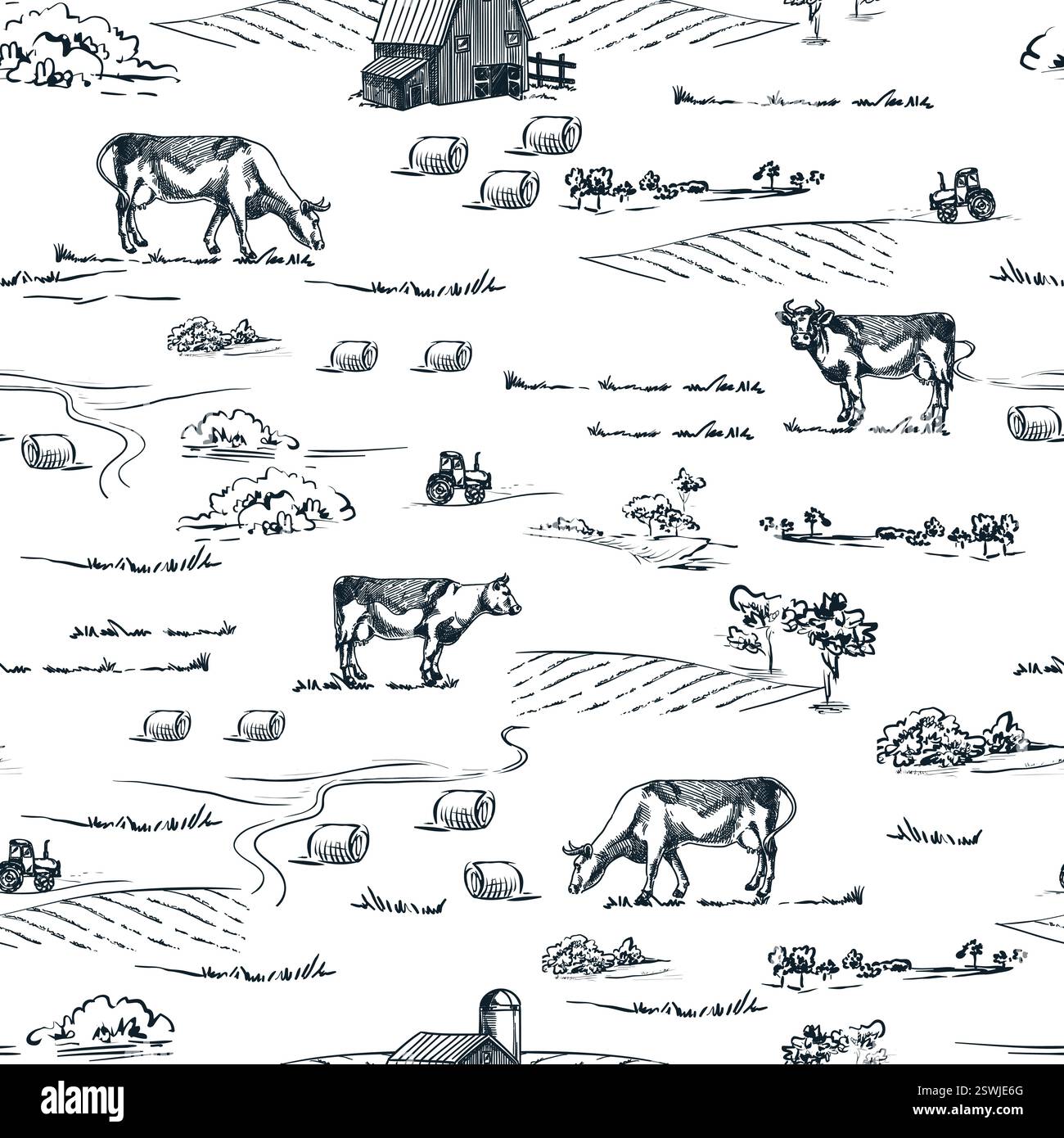 Weidekühe auf Bauernwiesen nahtloses Muster. Vektorgrafik von Hand gezeichnet. Landwirtschaft und Landwirtschaft ländliche Landschaft Kritzelhintergrund. Texti Stock Vektor