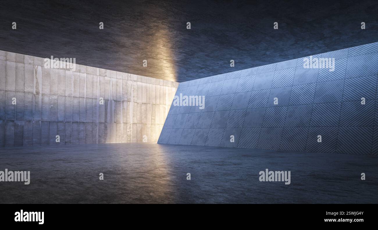 Leerer Betonraum mit geometrischem Muster Wand 3D Hintergrund Stockfoto