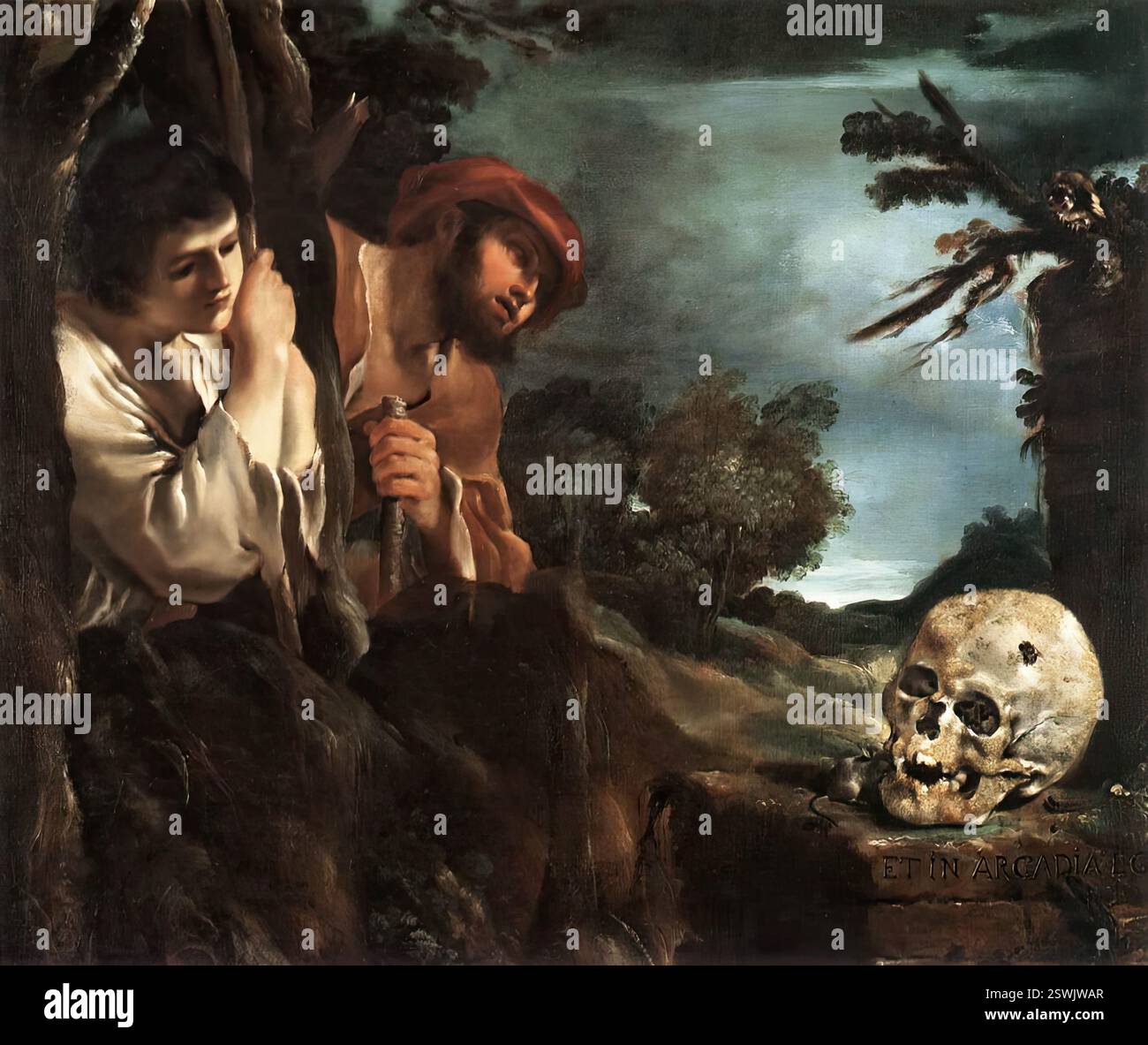 GUERCINO (* 1591, Cento, d. 1666, Bologna) et in Arcadia Ego 1618-22 Öl auf Leinwand, 82 x 91 cm Galleria Nazionale d'Arte Antica, Rom Dies ist eines der bekanntesten Gemälde Guercinos. Es zeigt zwei junge Hirten, die einen Schädel entdeckt haben. Der Titel könnte als Satz des Todes interpretiert werden („Ich bin auch in Arcadia“). Aber jede moralische Bedeutung für das Werk geht in einem Moment der reinen Besinnung verloren. Zitate aus Correggio und der venezianischen Kunst stimmen vollständig mit der Tiefe und Sensibilität des für Guercino typischen Gefühls überein. Dieses Gemälde ist direkt mit dem Apollo verbunden Stockfoto