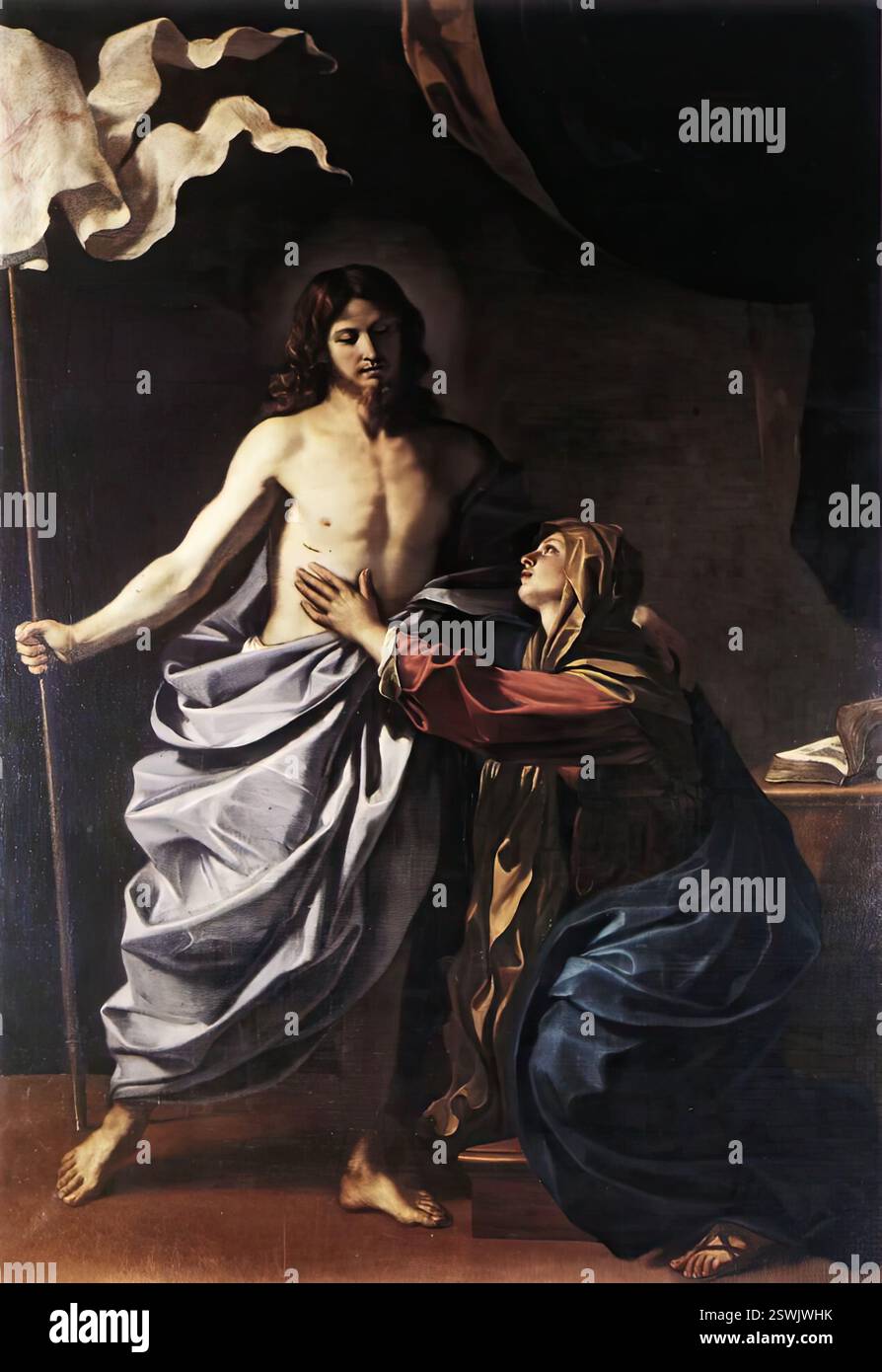 GUERCINO (* 1591, Cento, d. 1666, Bologna) der auferstandene Christus erscheint der Jungfrau 1629 Öl auf Leinwand, 260 x 179 cm Pinacoteca Comunale, Cento Dies ist eines der zahlreichen Gemälde, die in der Geburtsstadt des Künstlers aufbewahrt wurden. Es handelt sich um ein bedeutendes Werk aus der Übergangsphase des Künstlers nach der aufgeregten Phase seiner Jugend und vor seinem Klassizismus in Rom. --- Schlüsselwörter: ----------------- Autor: GUERCINO Titel: Der auferstandene Christus erscheint der Jungfrau Zeitlinie: 1601-1650 Schule: Italienische Form: Malerei Typ: Religiös Stockfoto