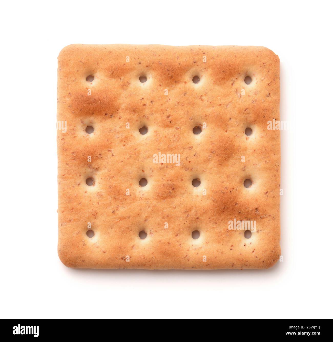 Draufsicht auf quadratischen Vollkorncracker isoliert auf weiß Stockfoto