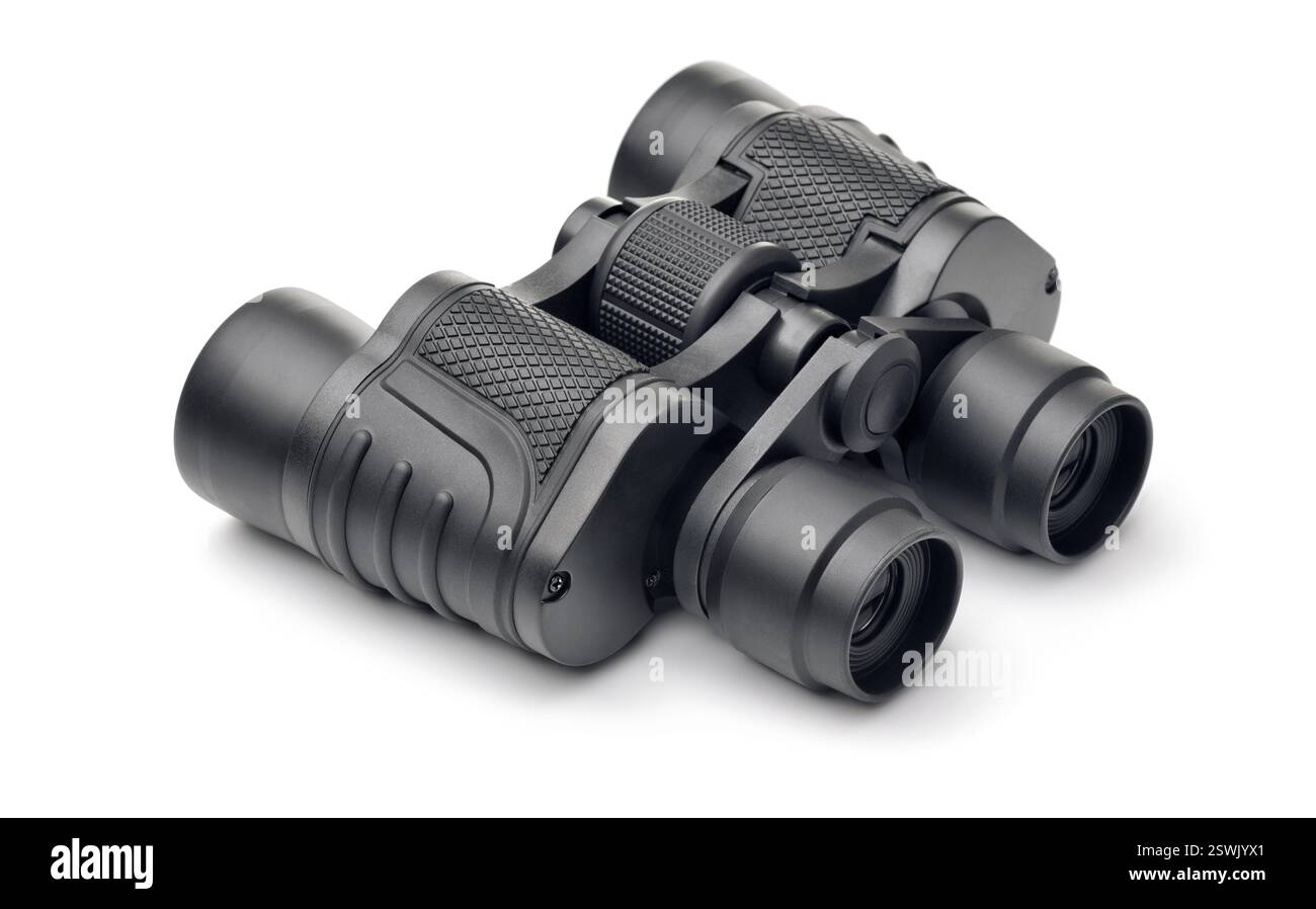 Schwarzes Metall-Fernglas isoliert auf weiß Stockfoto
