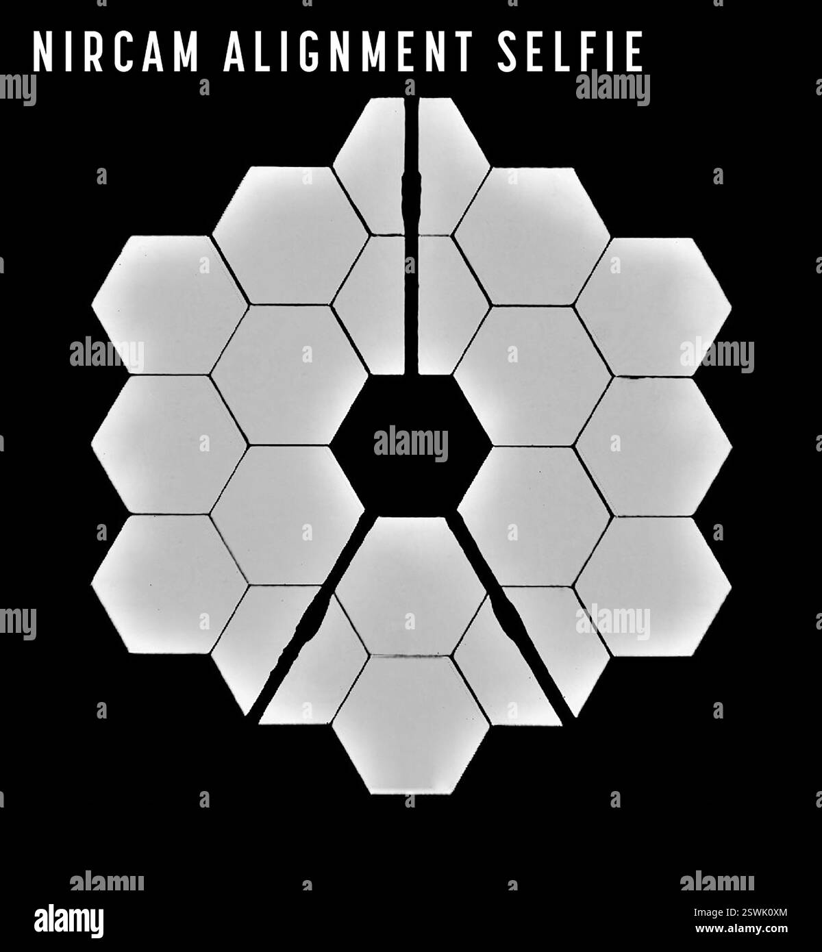Dieses Bild des Hauptspiegels des James Webb Space Telescope wurde von einem speziellen Objektiv in seiner Near Infrared Camera (NIRCam) aufgenommen, um zu überprüfen, ob das Teleskop mit seinen wissenschaftlichen Instrumenten ausgerichtet ist. Dieses Bild zeigt den eigentlichen Primärspiegel von Webb im Orbit, während er sein technisches Ziel, einen hellen Stern, beobachtet. In diesem Bild sind alle 18 primären Spiegelsegmente von Webb dargestellt, die Licht vom selben Stern im Einklang sammeln. Stockfoto