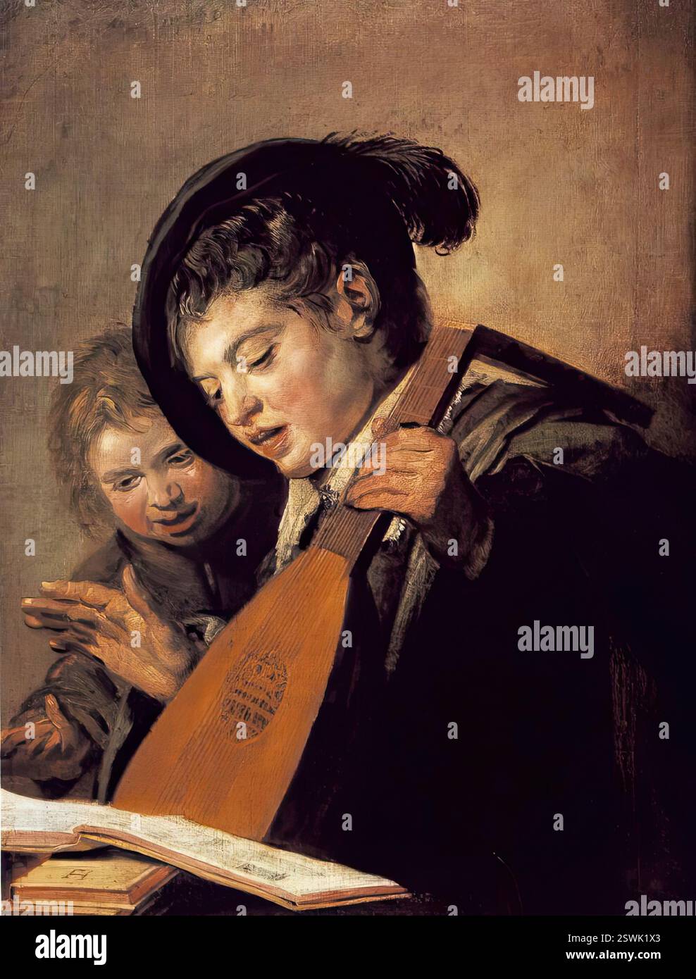 HALS, Frans (* 1580, Antwerpen, d. 1666, Haarlem) zwei Jungen singen um 1625 Öl auf Leinwand, 76 x 52 cm staatliche Museen, Kassel die beiden glücklichen Jugendlichen singen aus einer geöffneten Partitur und schlagen den Rhythmus mit den Händen, während der ältere eine Laute in der linken Hand hält. Ihre Gesichter sind aufmerksam und zufrieden. Ihre Ausdrücke sind realistisch, obwohl sie eher typisiert als porträtähnlich sind. Es scheint sicher zu sein, dass dieses Gemälde das Hören einer Reihe von Allegorien über die fünf Sinne darstellt. Die anderen Stücke wurden als unabhängige Stillleben-Gemälde angesehen, A Stockfoto