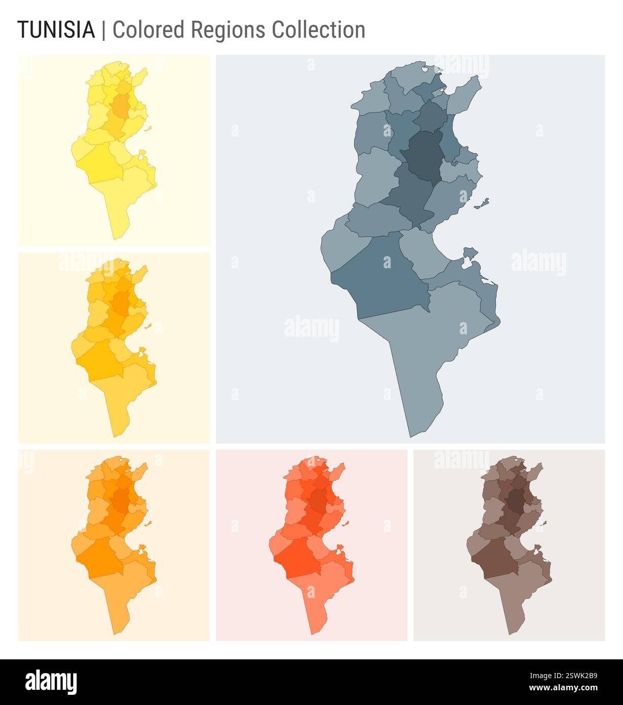 Tunesien Kartensammlung. Länderform mit farbigen Regionen. Blaugrau, Gelb, Bernstein, Orange, Deep Orange, braune Farbpaletten. Stock Vektor