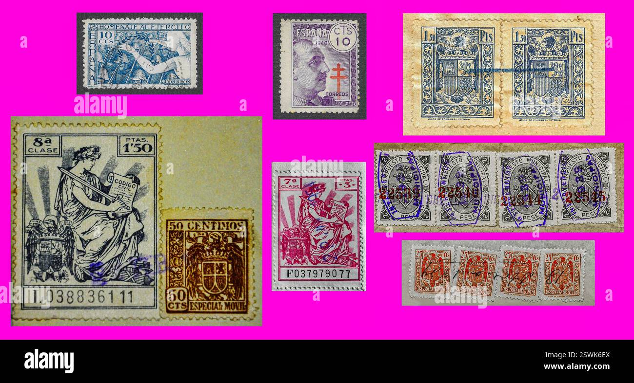 Echoes of History: Spanische Vintage-Briefmarken und Richtlinien aus der francoistischen Ära Stockfoto