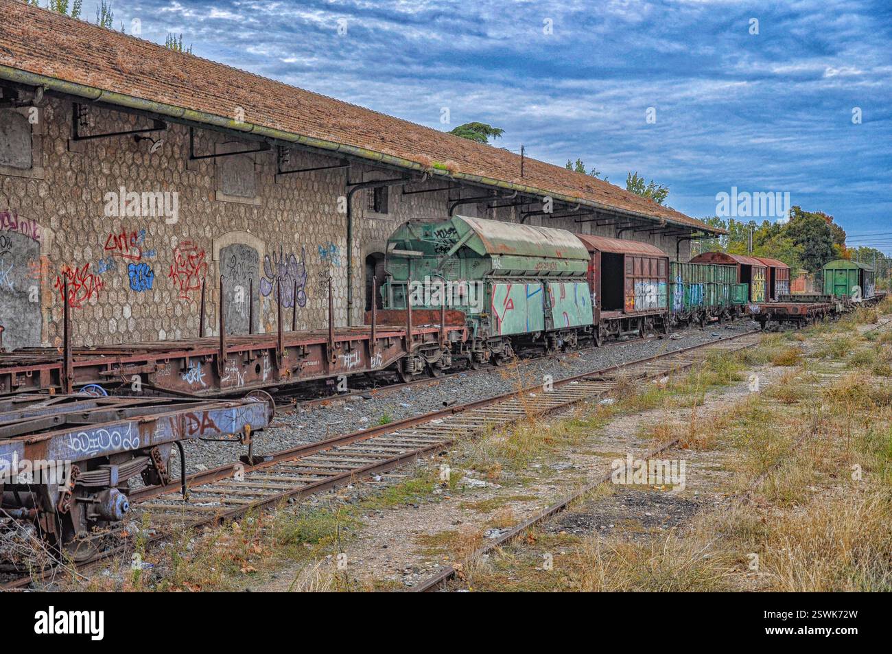 Zeitlose Gleise im Bahnhof von Aranjuez: Forgotten Freight Yard Stockfoto